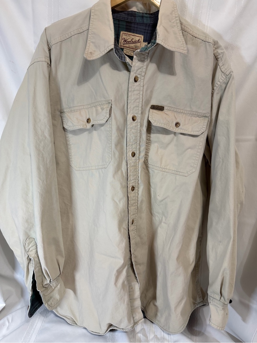 Woolrich Flannel Pocket Shirt Mens XL Tan insulated Plaid Button Down Hunting